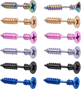 12 Pieces Screw Earrings, Stainless Steel Unisex Piercing Cross Screws Hoop Earrings Ear Stud,6 Colors