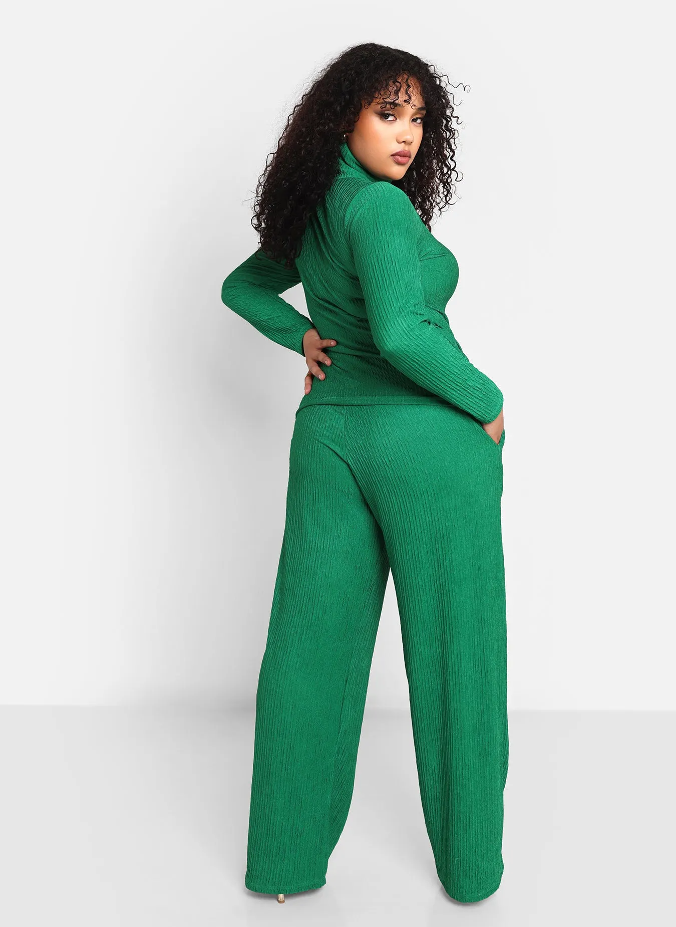 Abby Textured Wide Leg Pants W. Pockets - Forest Green