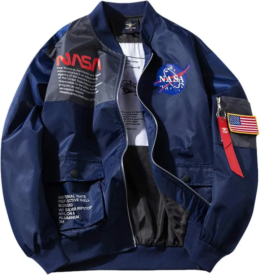 acelyn Men NASA MA-1 Bomber Flight Jacket - Zip Up USA Flag Military Lightweight Windbreaker Coat With Pocket