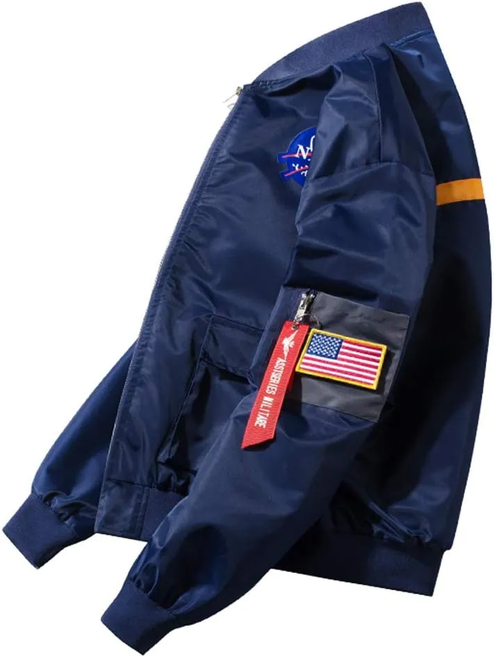 acelyn Men NASA MA-1 Bomber Flight Jacket - Zip Up USA Flag Military Lightweight Windbreaker Coat With Pocket