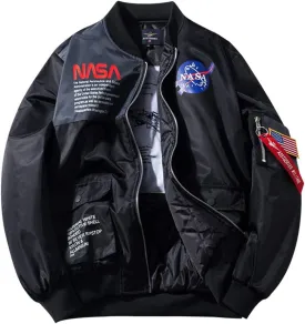 acelyn Men NASA MA-1 Bomber Flight Jacket - Zip Up USA Flag Military Lightweight Windbreaker Coat With Pocket