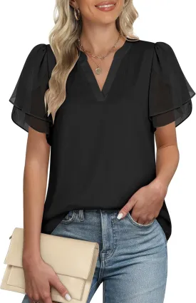 ANRABESS Womens Dressy Casual Blouses Chiffon V Neck Petal Short Sleeve Shirts 2025 Summer Business Work Tops