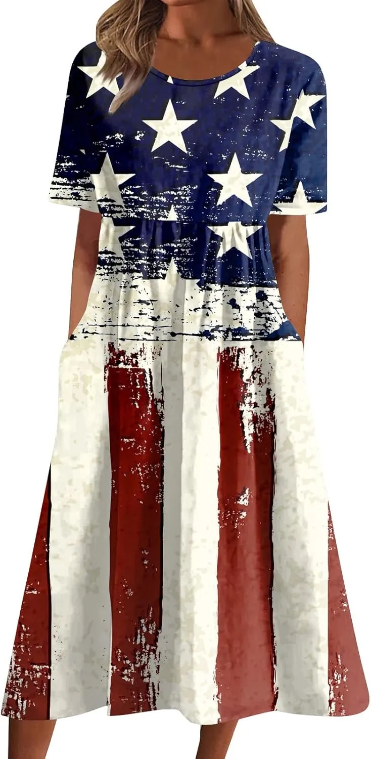 Below The Knee Short Sleeve Cover Up Ladies Dressy Classic Summer Soft Graphic Cotton Dress for Women.