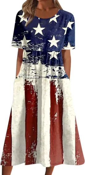 Below The Knee Short Sleeve Cover Up Ladies Dressy Classic Summer Soft Graphic Cotton Dress for Women.