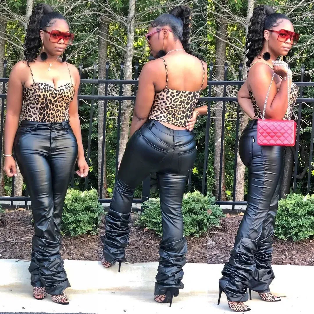 Bettergirll women clothes Ladies PU Trousers Fashion Female High Waist Jogger Zipper Stacked Leather Pants