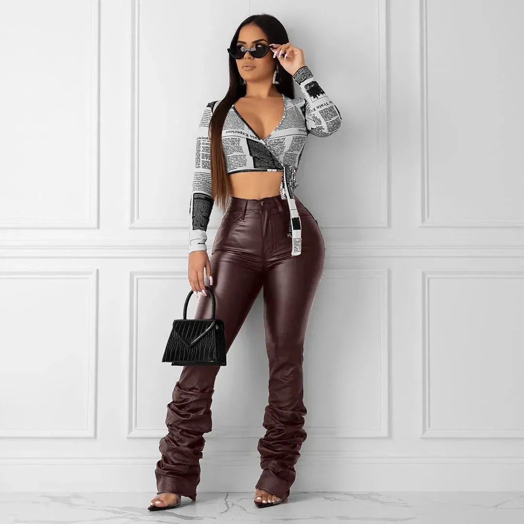Bettergirll women clothes Ladies PU Trousers Fashion Female High Waist Jogger Zipper Stacked Leather Pants