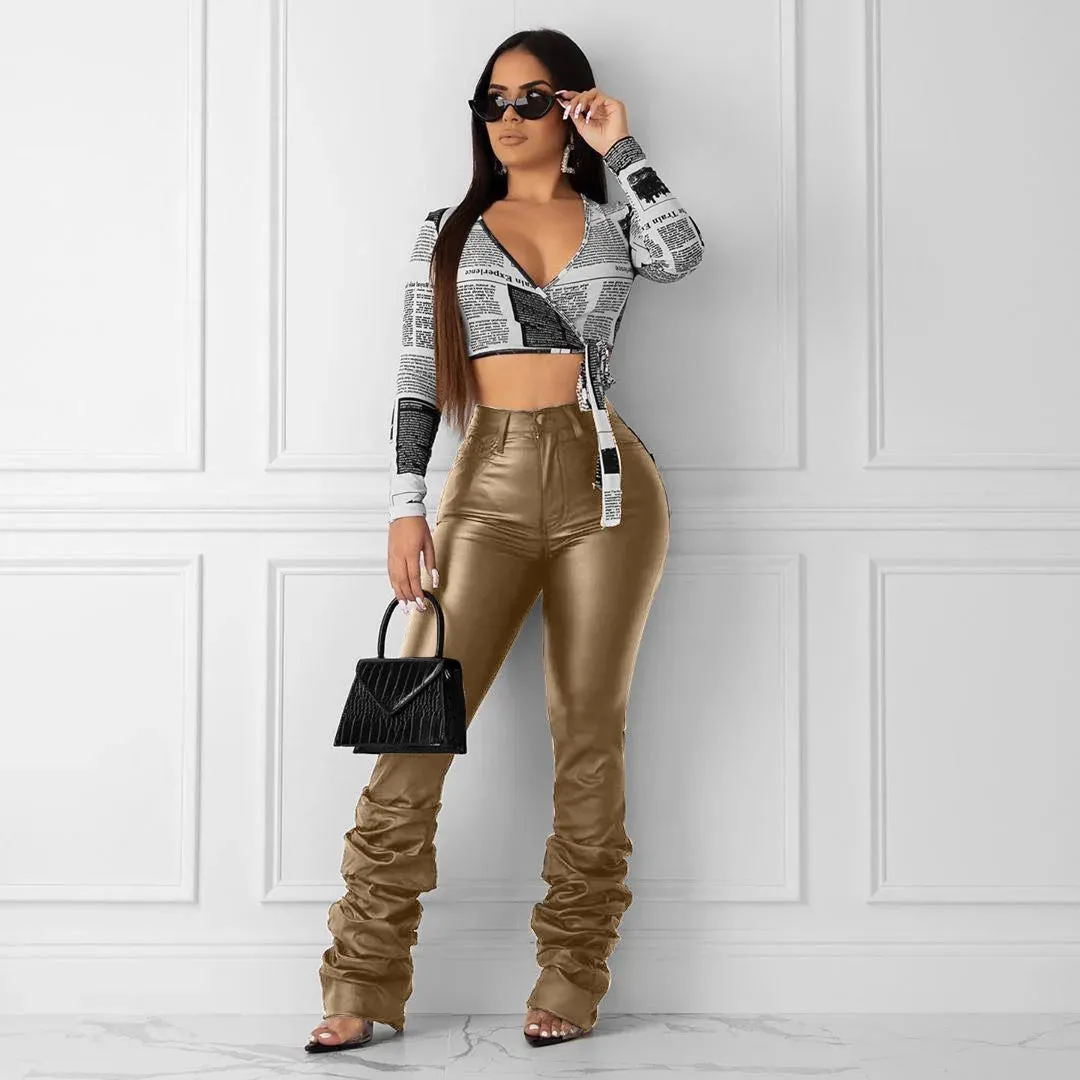 Bettergirll women clothes Ladies PU Trousers Fashion Female High Waist Jogger Zipper Stacked Leather Pants