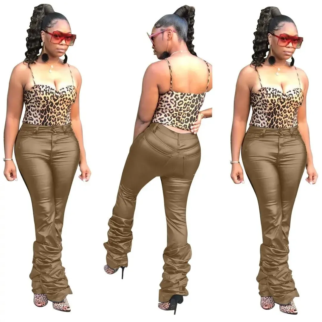 Bettergirll women clothes Ladies PU Trousers Fashion Female High Waist Jogger Zipper Stacked Leather Pants