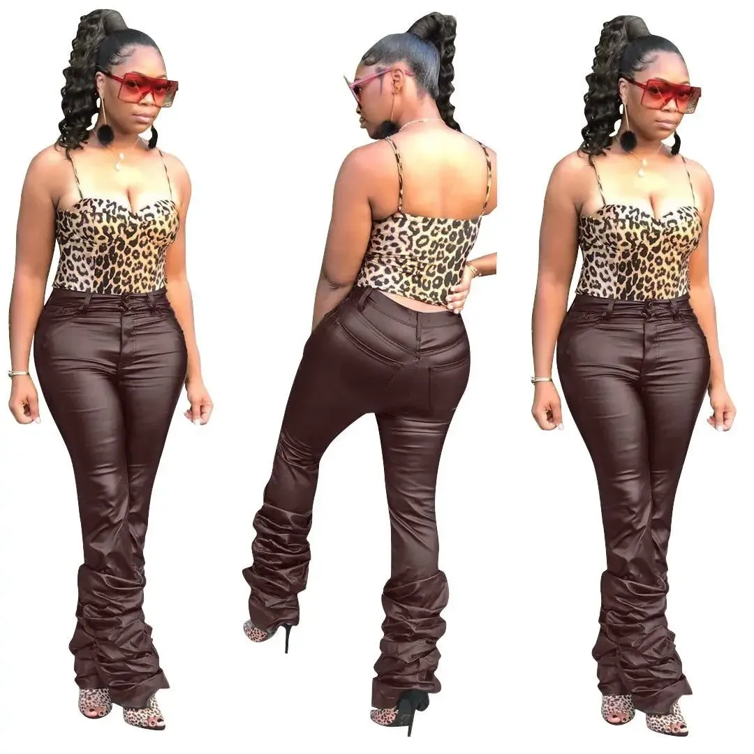 Bettergirll women clothes Ladies PU Trousers Fashion Female High Waist Jogger Zipper Stacked Leather Pants
