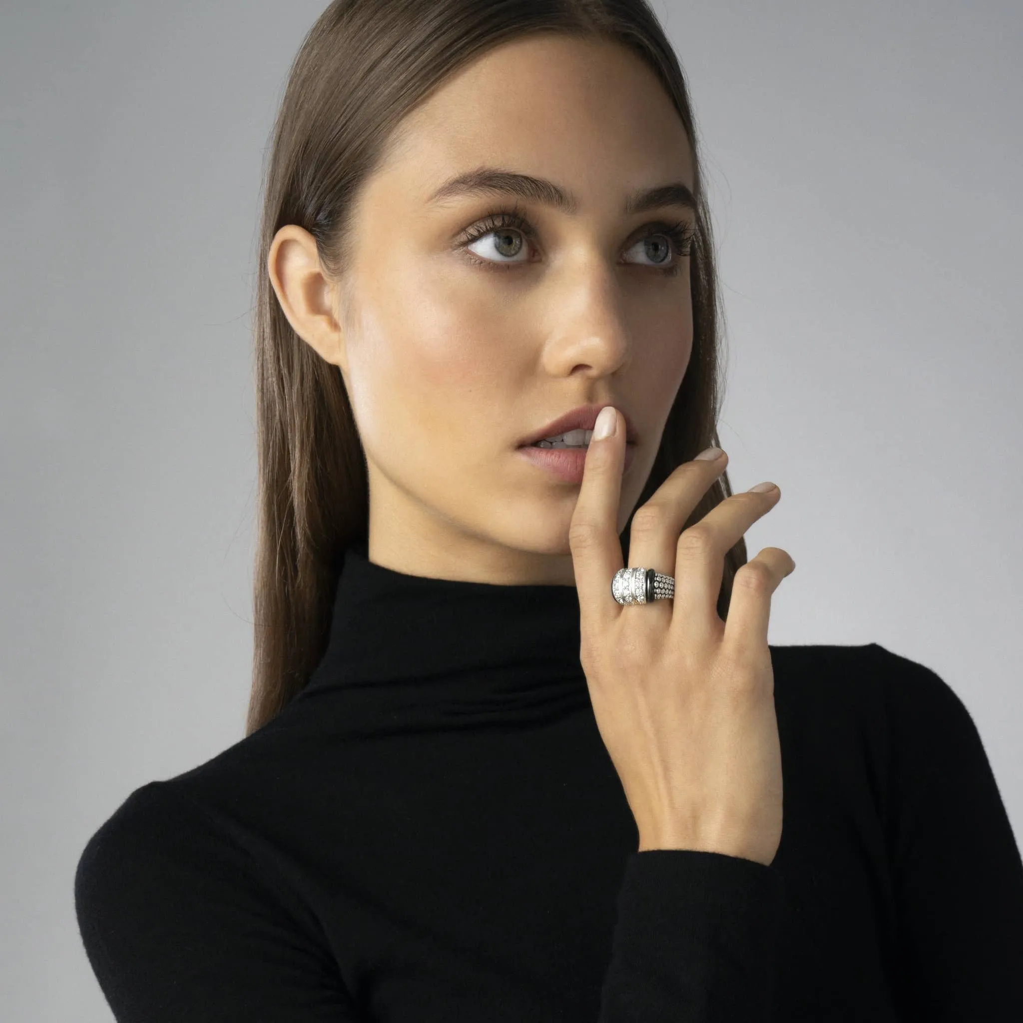 Black Caviar Three Station Ceramic Caviar Diamond Ring