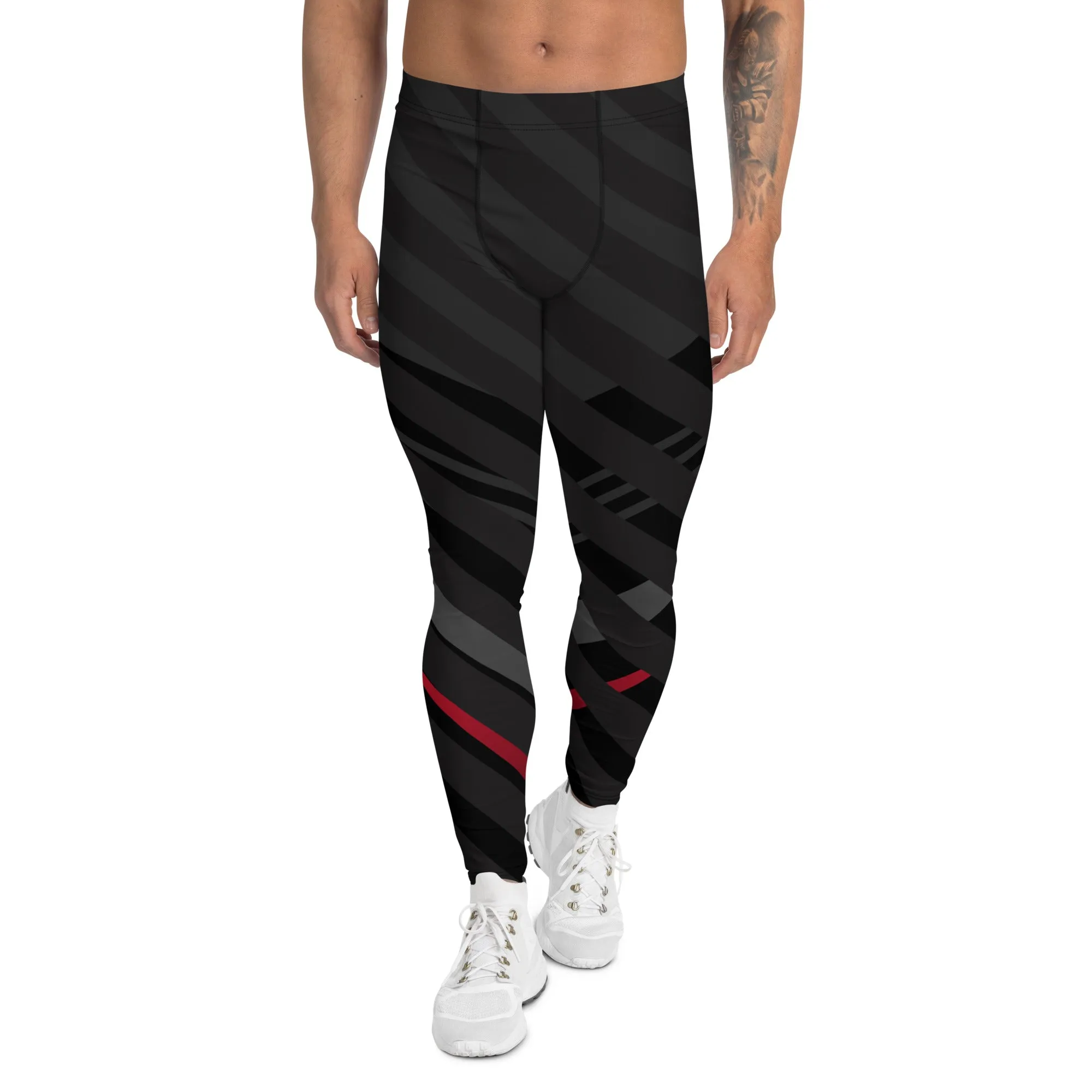 Black Red Striped Meggings, Diagonally Stripes Men's Leggings Running Compression Tights For Men - Made in USA/EU/MX