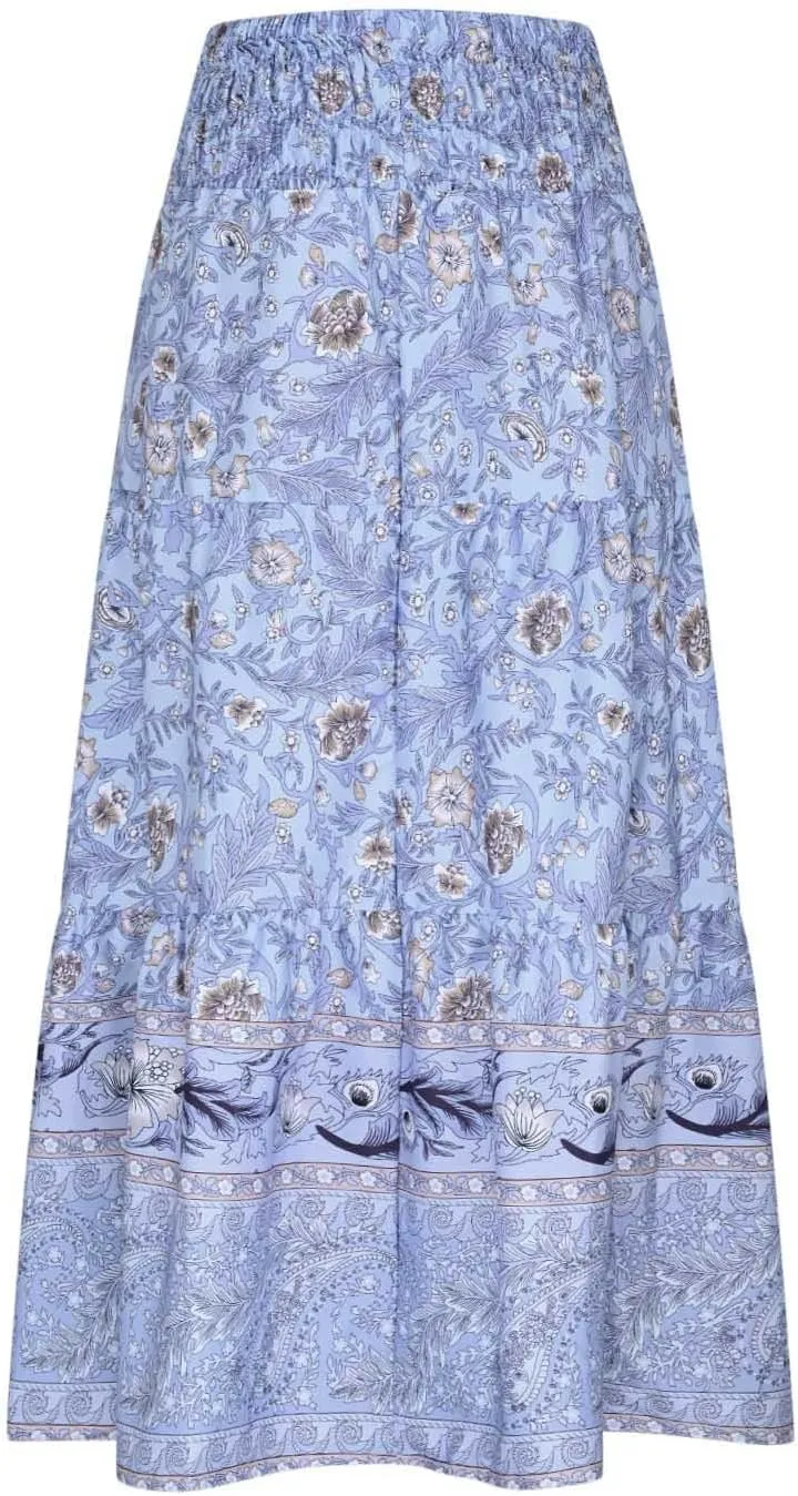 Boho Hawaiian Ruched High Cut Beach Skirts for Women Color Block Flower Maxi Long Loose Fit Skort Women 2025