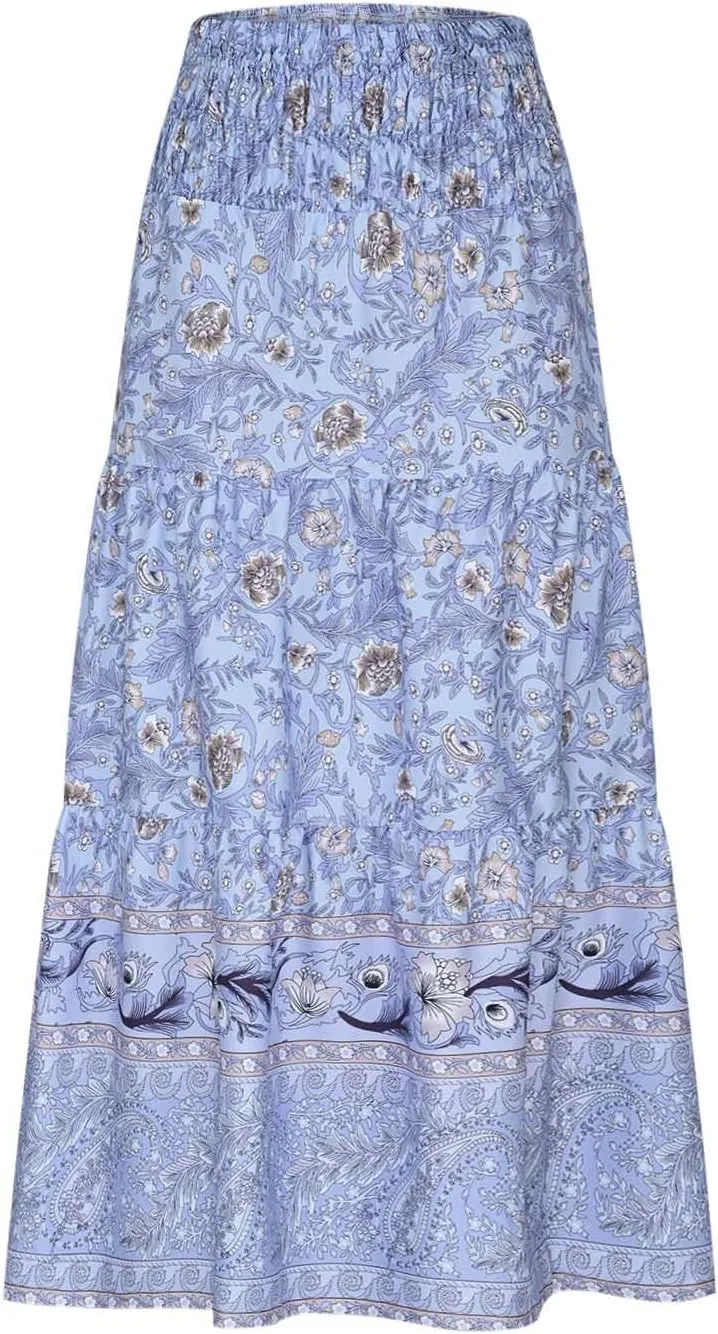 Boho Hawaiian Ruched High Cut Beach Skirts for Women Color Block Flower Maxi Long Loose Fit Skort Women 2025