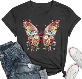 Butterfly T-Shirts for Women Butterflys Flowers Print Shirts Insect Lover Casual Short Sleeved Tops