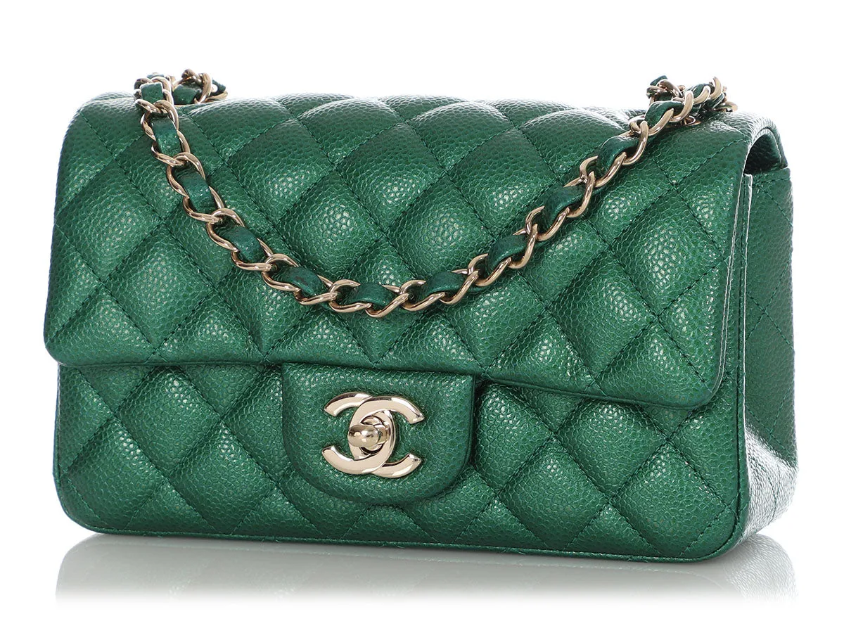 Chanel Mini Green Iridescent Quilted Caviar Rectangular Classic