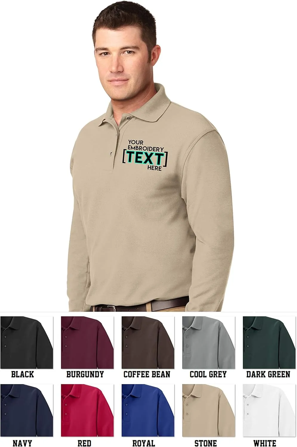 Custom Embroidered Mens Long Sleeve Polo Shirts - Personalized Embroidery Polo Tees