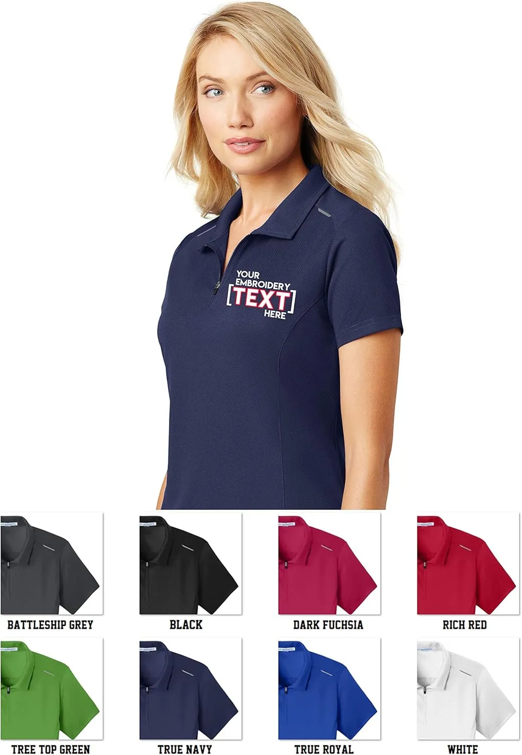 Custom Embroidered Polo Shirts for Ladies - Pinpoint Mesh Quarter Zip Personalized Embroidery Polos