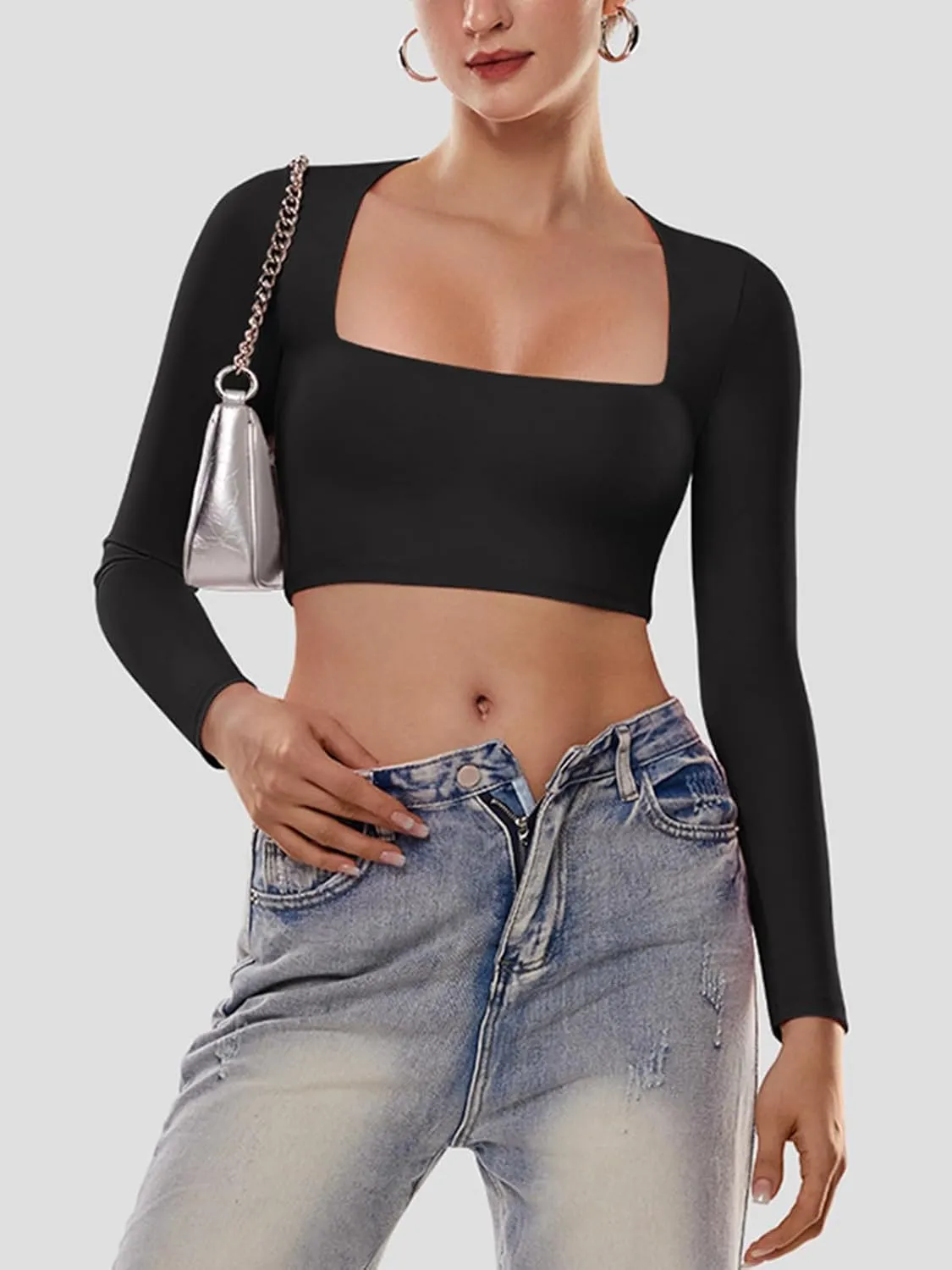 Cyanstyle Women's Sexy Square Neck Crop Tops Double Lined Long Sleeve Y2K Going Out T Shirts