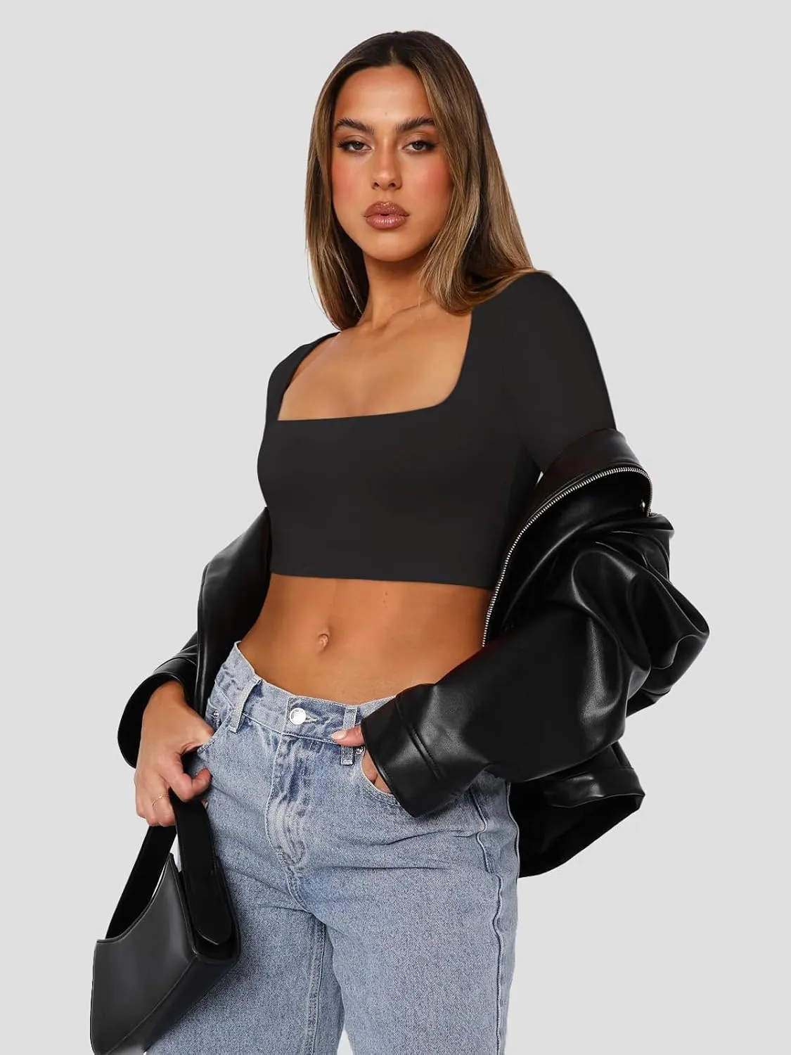 Cyanstyle Women's Sexy Square Neck Crop Tops Double Lined Long Sleeve Y2K Going Out T Shirts