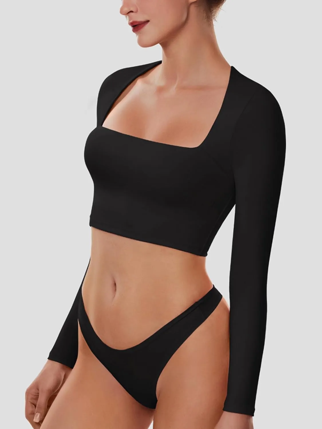 Cyanstyle Women's Sexy Square Neck Crop Tops Double Lined Long Sleeve Y2K Going Out T Shirts