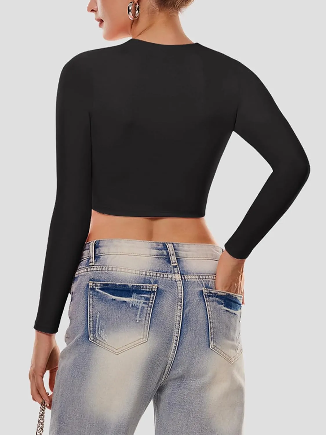 Cyanstyle Women's Sexy Square Neck Crop Tops Double Lined Long Sleeve Y2K Going Out T Shirts
