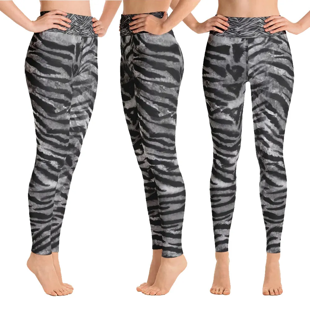 Gray Tiger Striped Yoga Leggings, Women's Animal Print Long Yoga Pants - Made in USA/EU