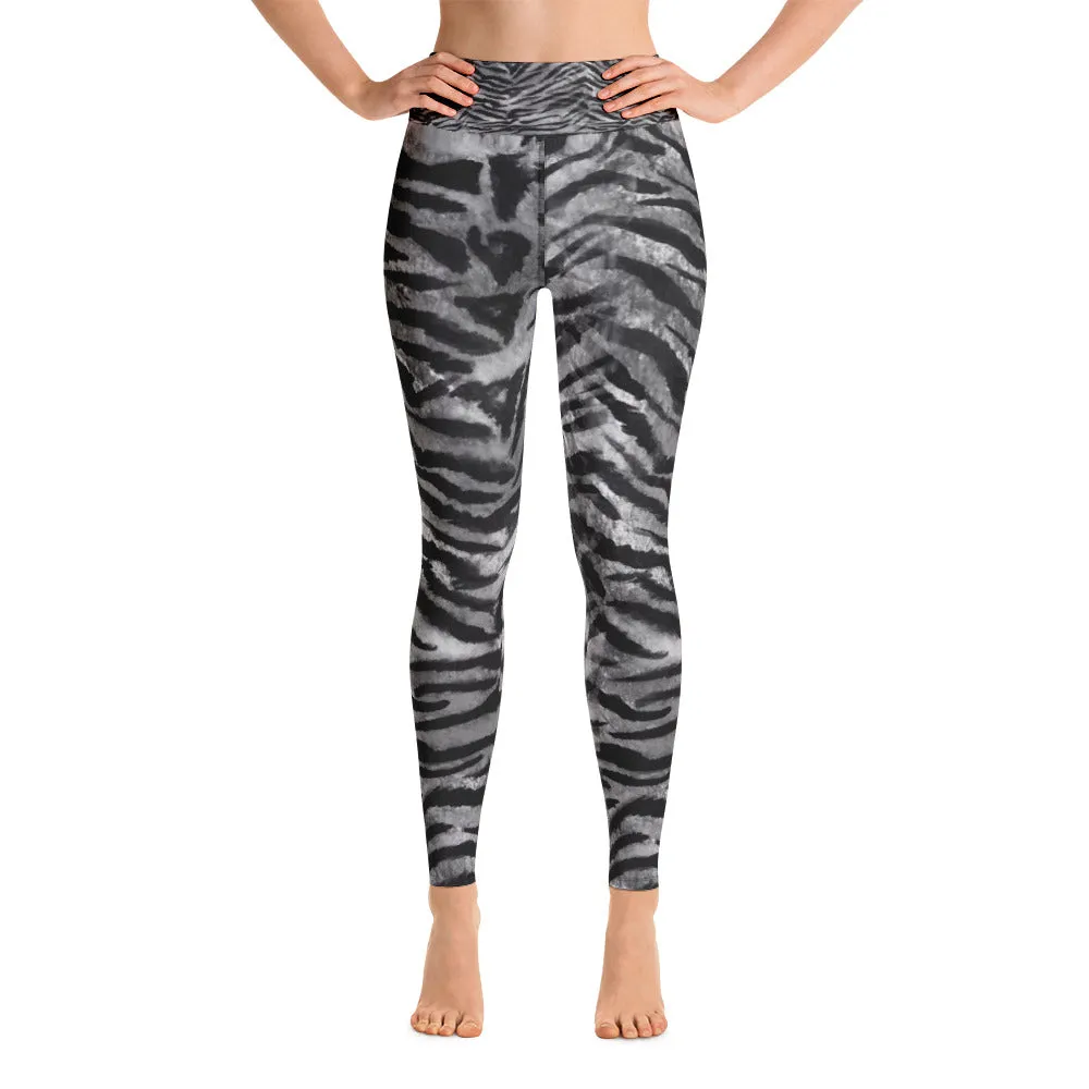 Gray Tiger Striped Yoga Leggings, Women's Animal Print Long Yoga Pants - Made in USA/EU
