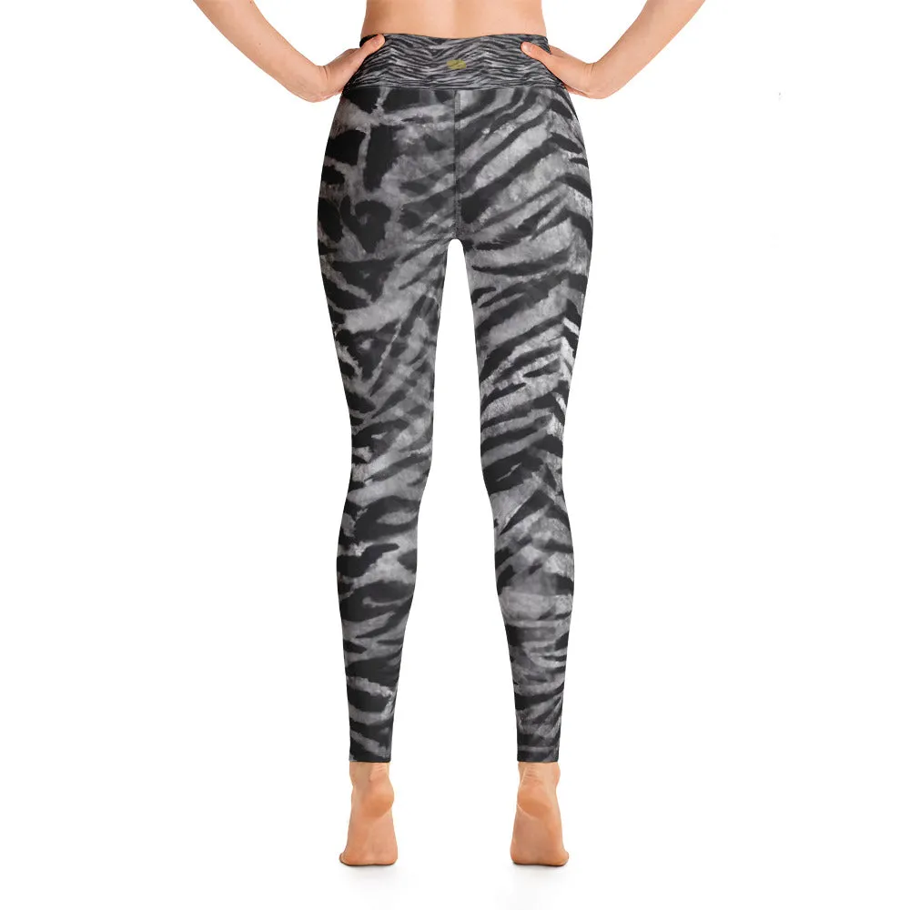 Gray Tiger Striped Yoga Leggings, Women's Animal Print Long Yoga Pants - Made in USA/EU