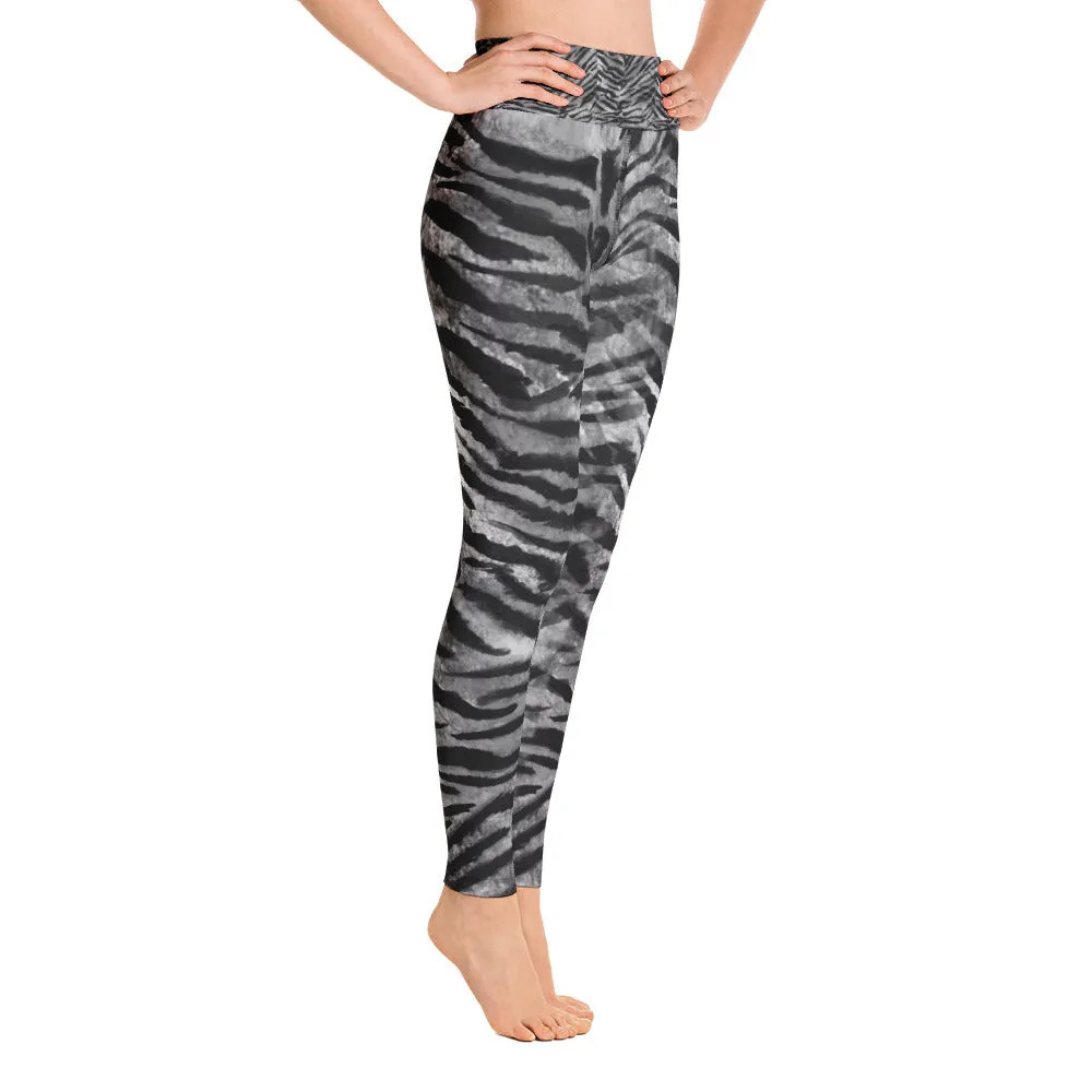 Gray Tiger Striped Yoga Leggings, Women's Animal Print Long Yoga Pants - Made in USA/EU