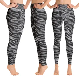 Gray Tiger Striped Yoga Leggings, Women's Animal Print Long Yoga Pants - Made in USA/EU