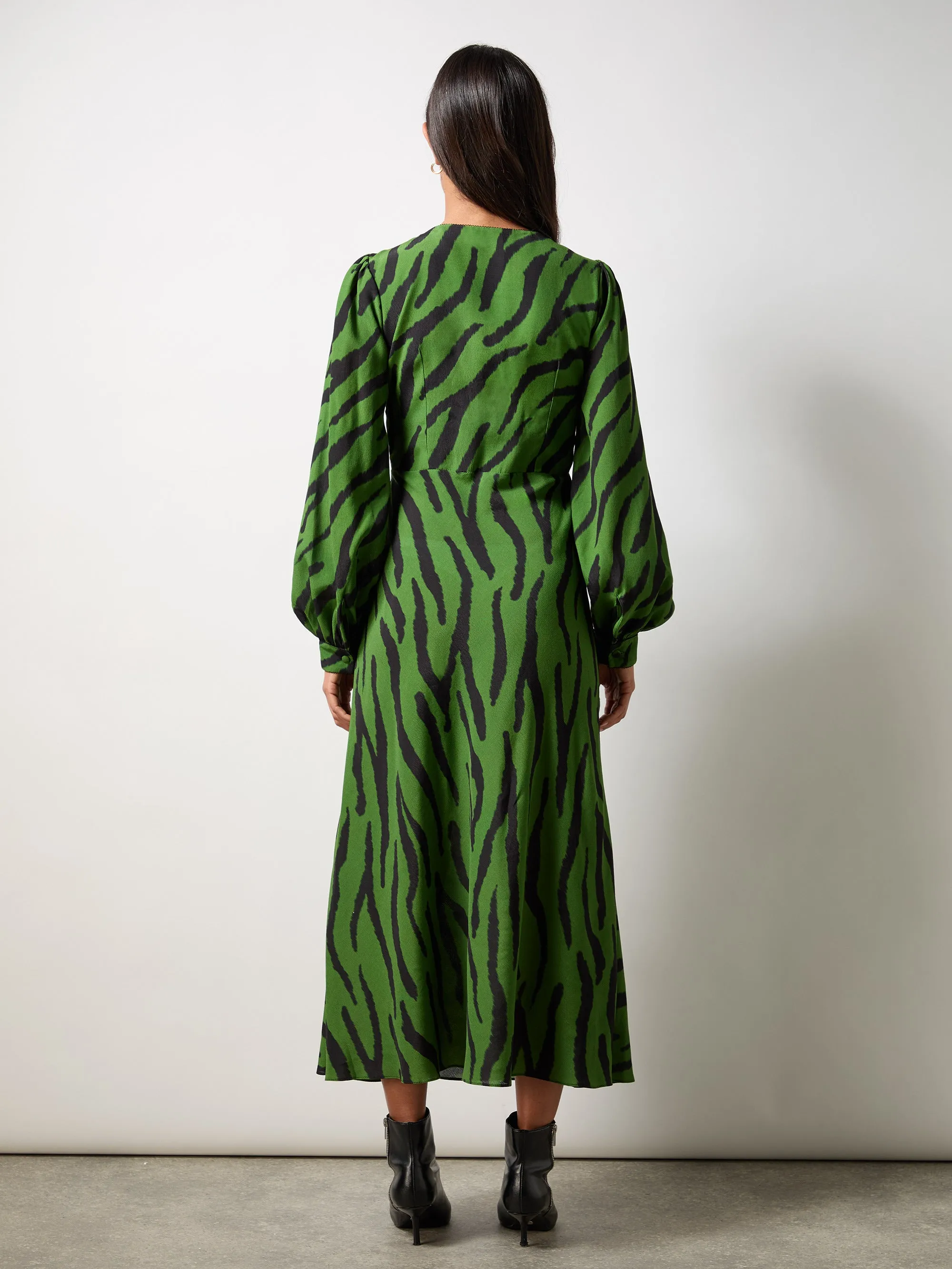 Green Zebra Print V-Neck Midi Dress