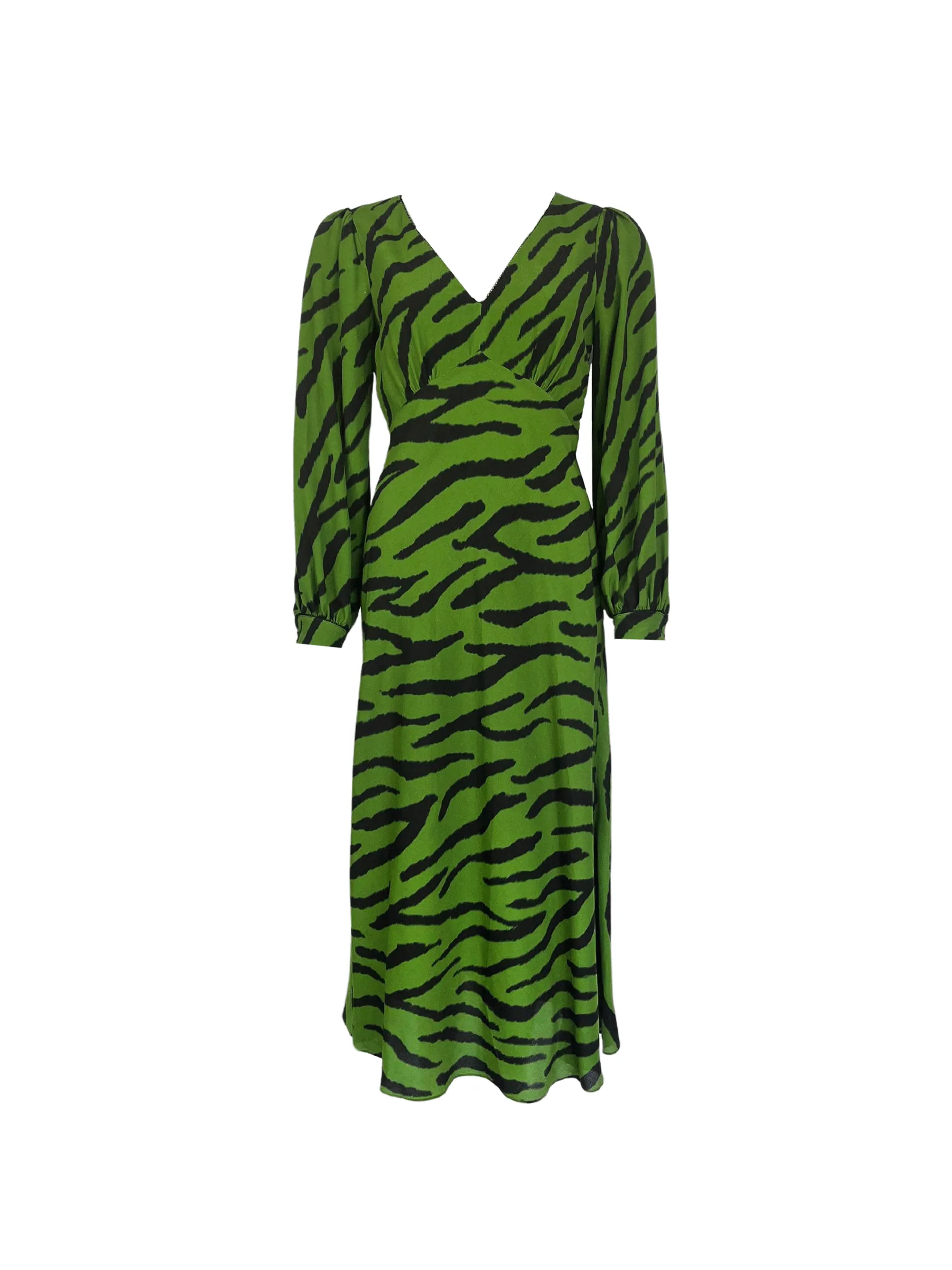 Green Zebra Print V-Neck Midi Dress