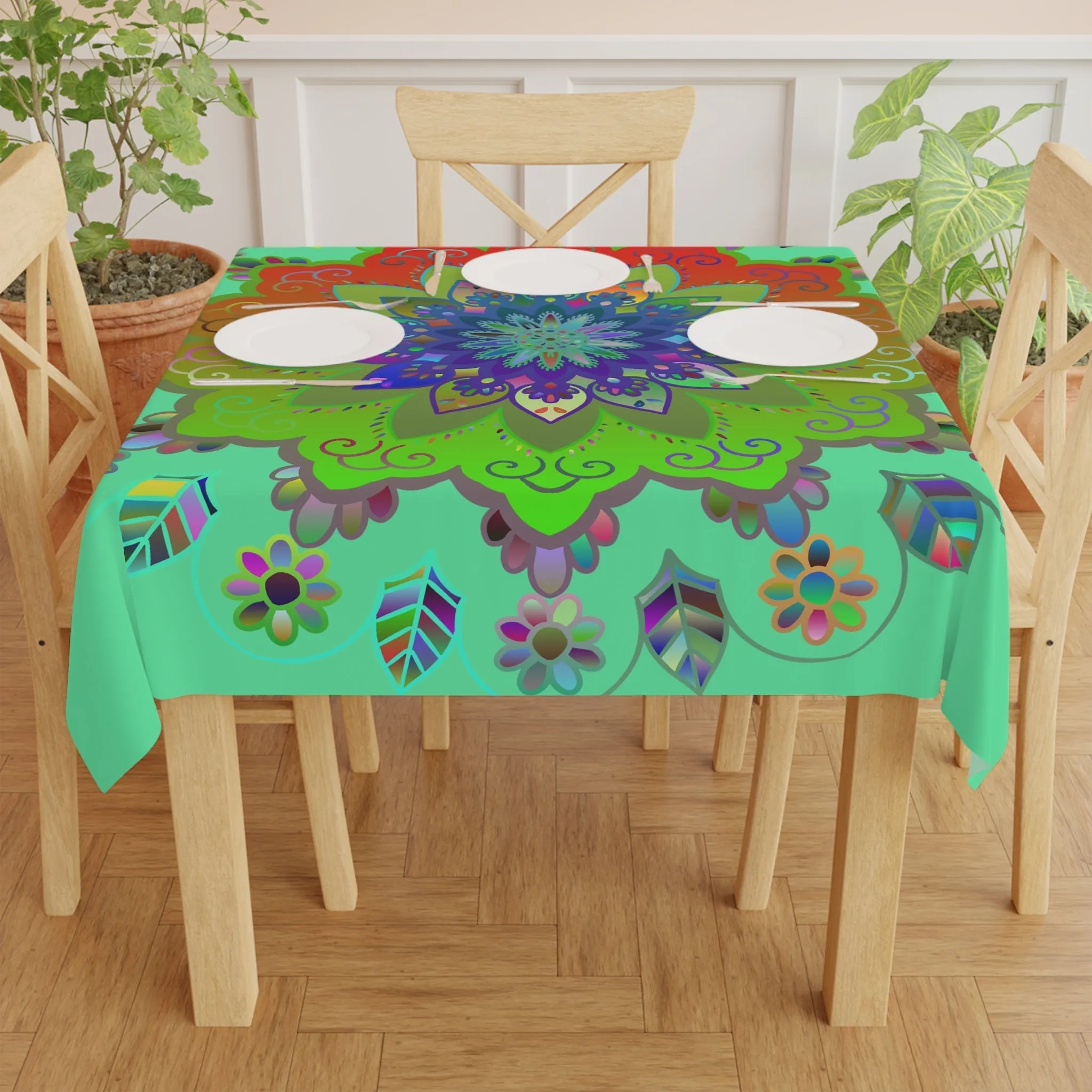 Hand-drawn Mandala Art Tablecloth, Fluorescent Green Square