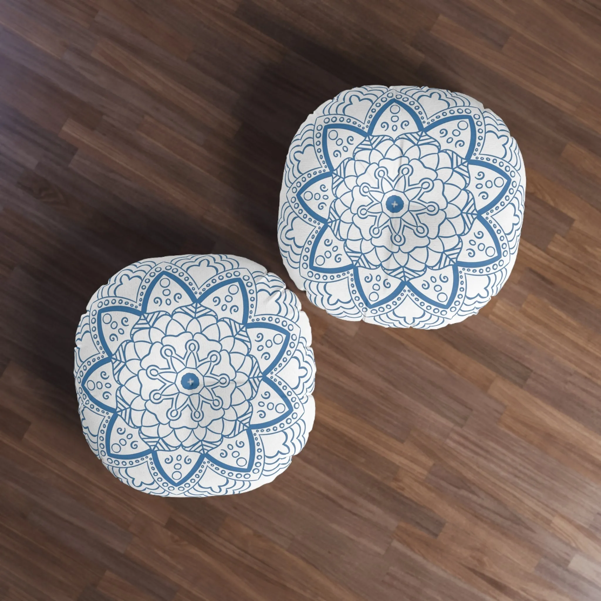 Handmade Mandala Art Steel Blue Floor Cushion - Tufted Round Pillow