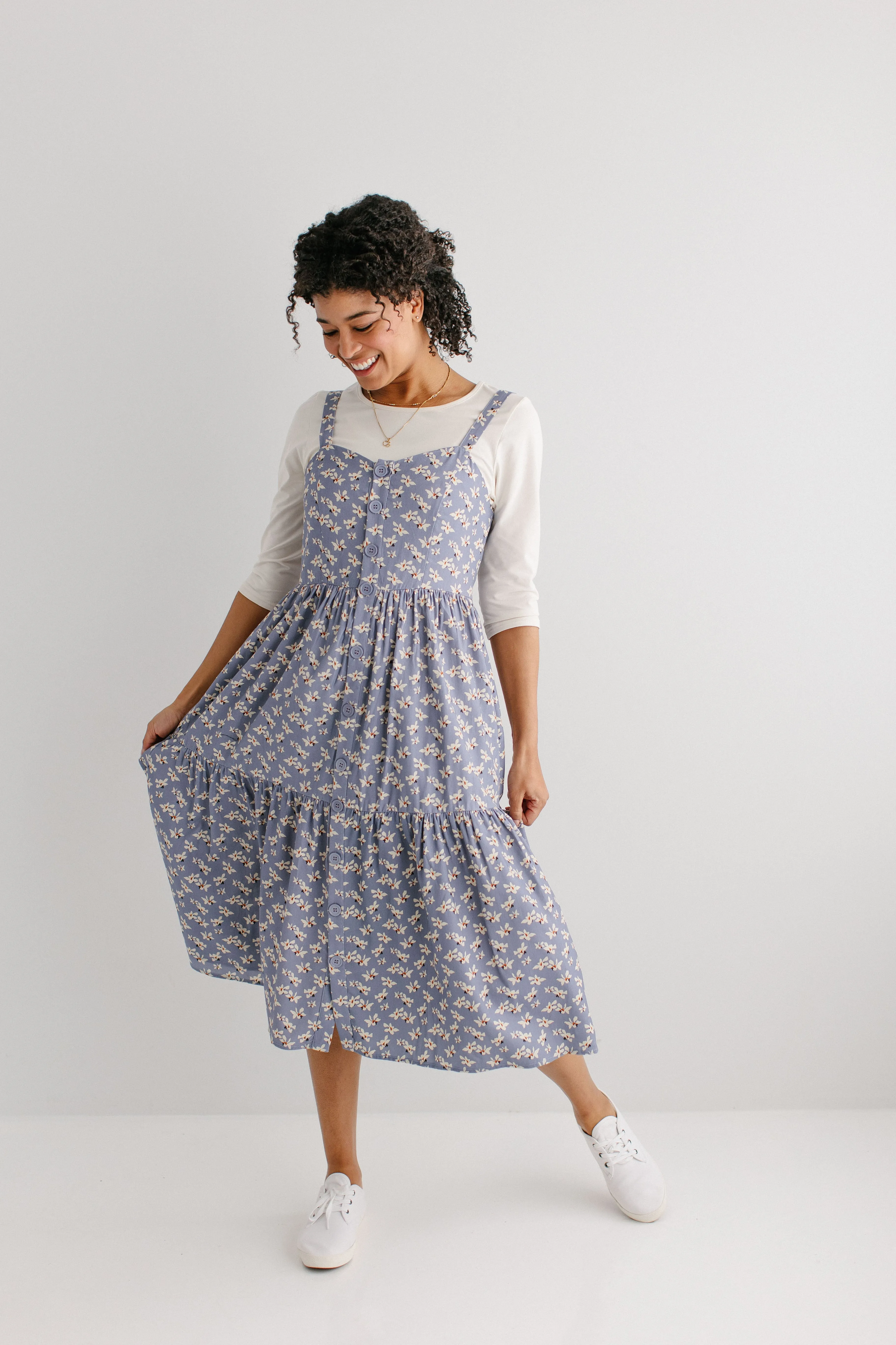 'Kinsley' Printed Floral Pinafore Dress in Dusty Blue FINAL SALE