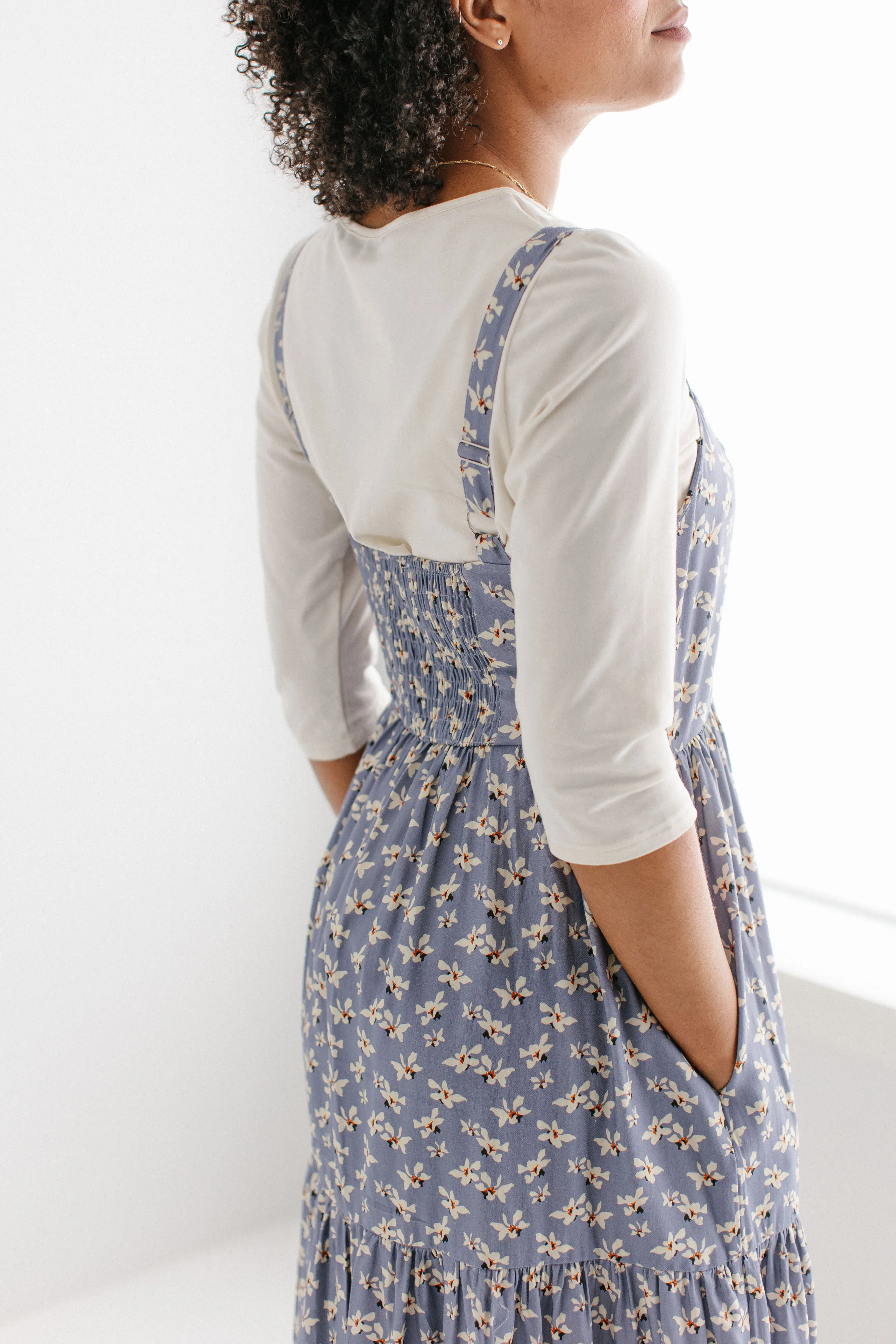 'Kinsley' Printed Floral Pinafore Dress in Dusty Blue FINAL SALE