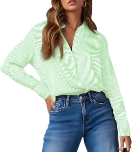 OMSJ Womens Striped Button Down Shirts Casual Long Sleeve Stylish Collared Office Work Blouses Tops