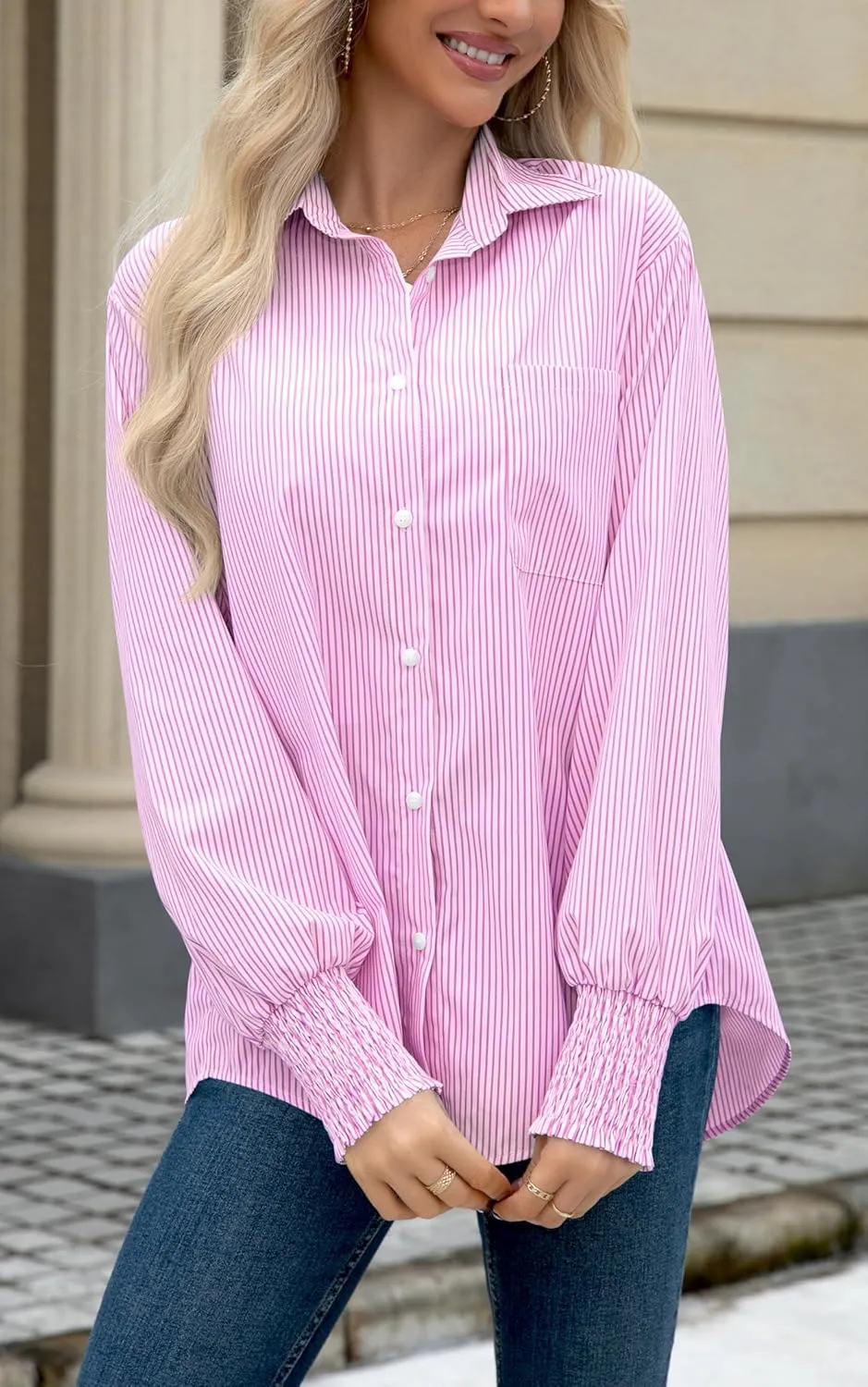 OMSJ Womens Striped Button Down Shirts Smocked Cuffed Sleeve Stylish Collared Office Work Blouses with Pocket