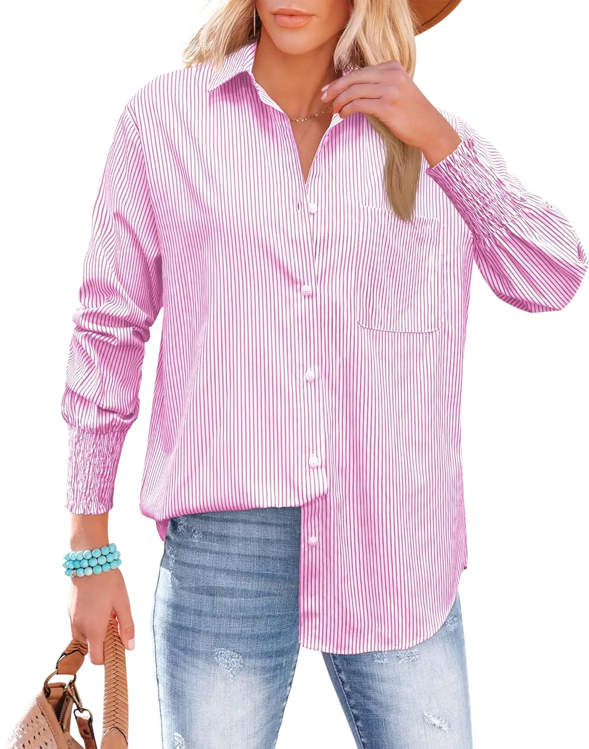 OMSJ Womens Striped Button Down Shirts Smocked Cuffed Sleeve Stylish Collared Office Work Blouses with Pocket