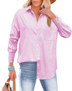 OMSJ Womens Striped Button Down Shirts Smocked Cuffed Sleeve Stylish Collared Office Work Blouses with Pocket