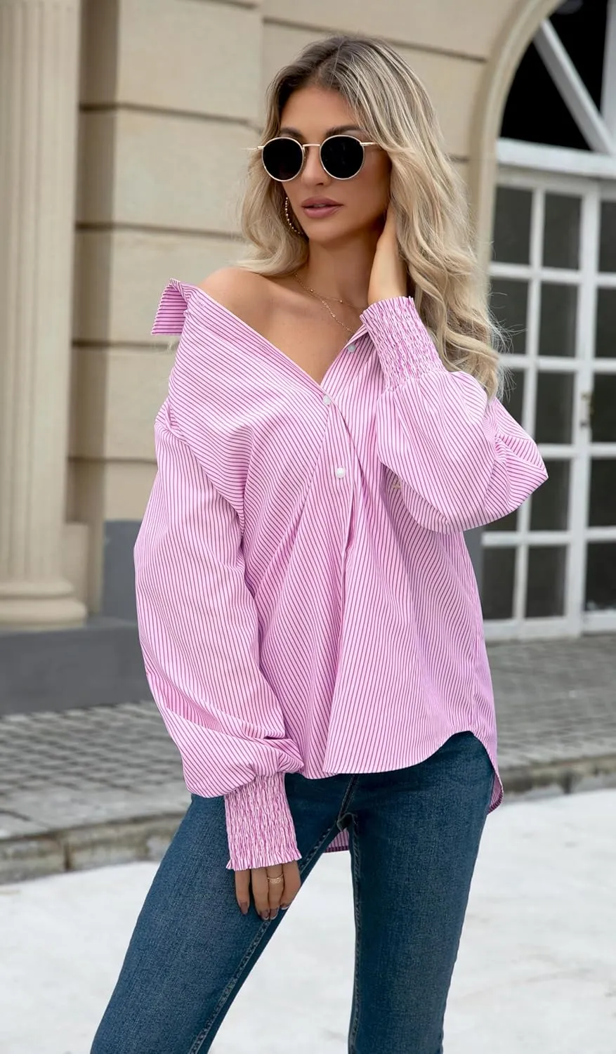 OMSJ Womens Striped Button Down Shirts Smocked Cuffed Sleeve Stylish Collared Office Work Blouses with Pocket