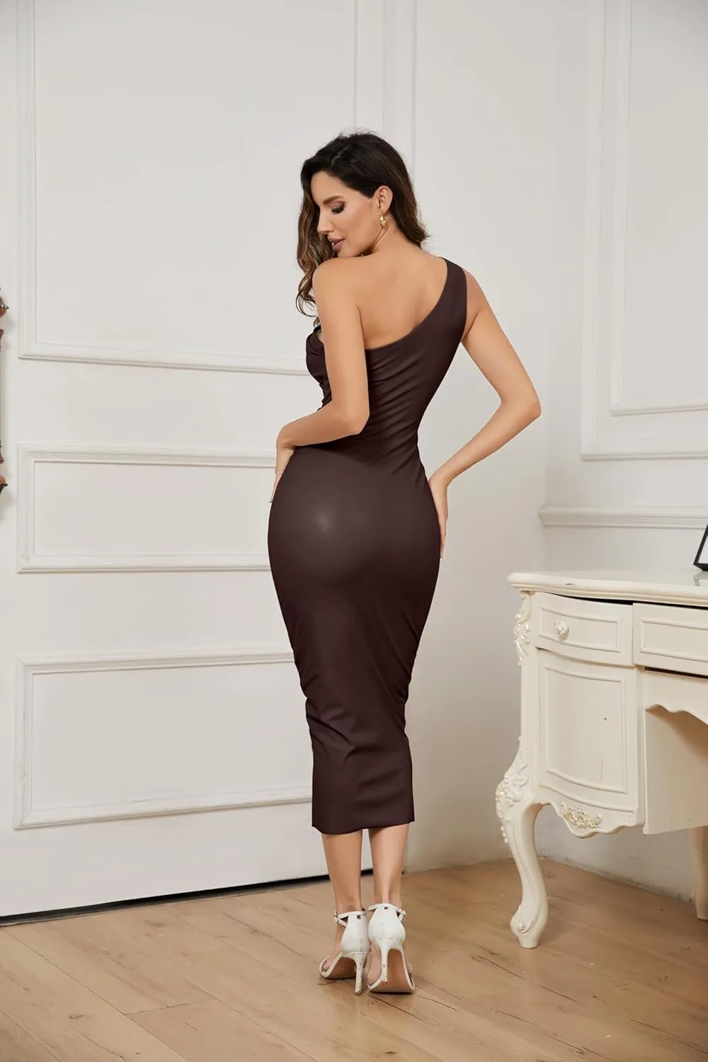 OVRUNS One Shoulder Faux PU Leather Dress Bodycon Sleeveless Ruched Cocktail Clubwear Midi Dresses for Women