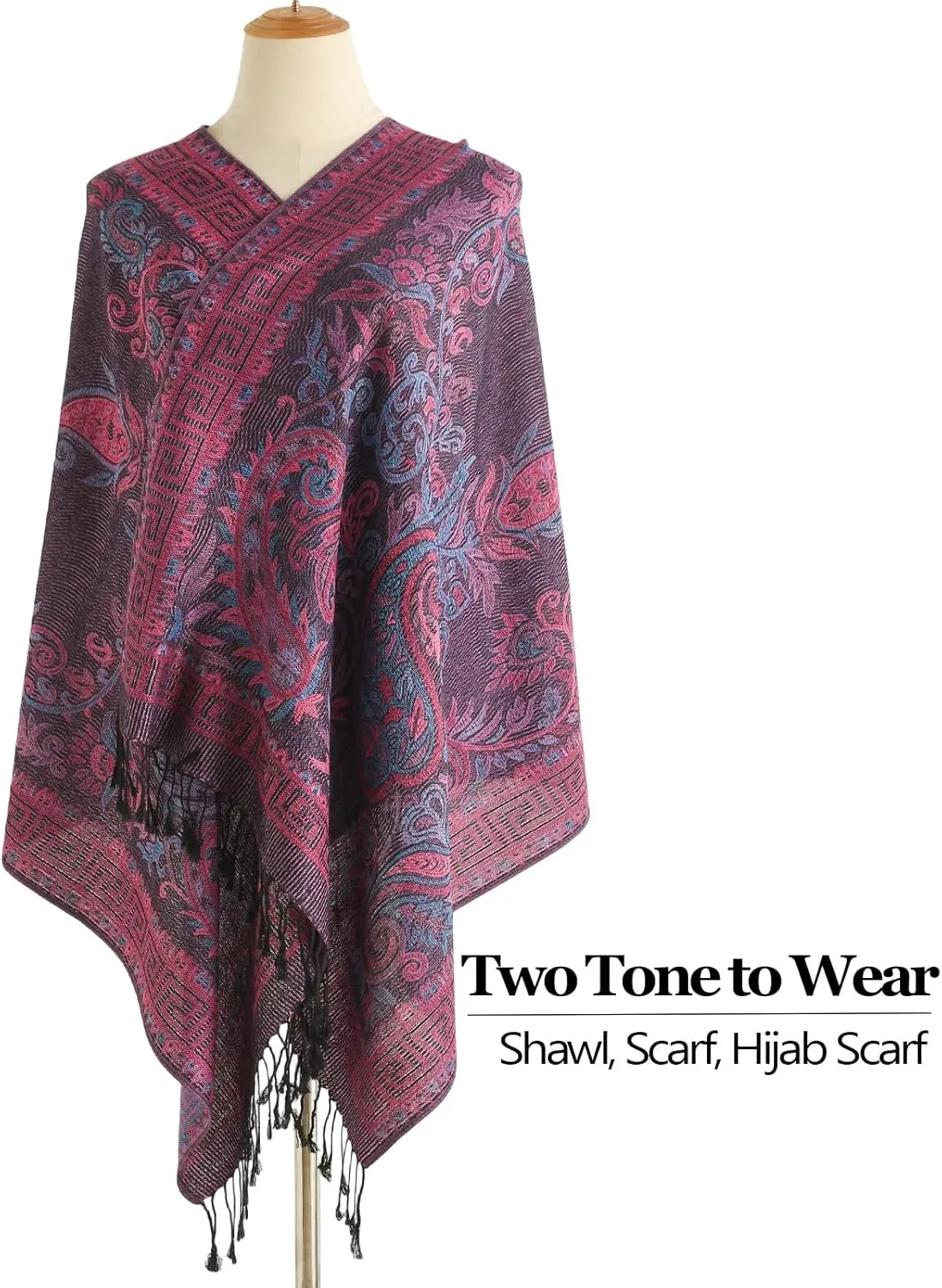 Paisley Pashmina Rave Shawl Scarf-Women's Reversible Ethnic Jacquard Pashmina Wraps for Evening Travel