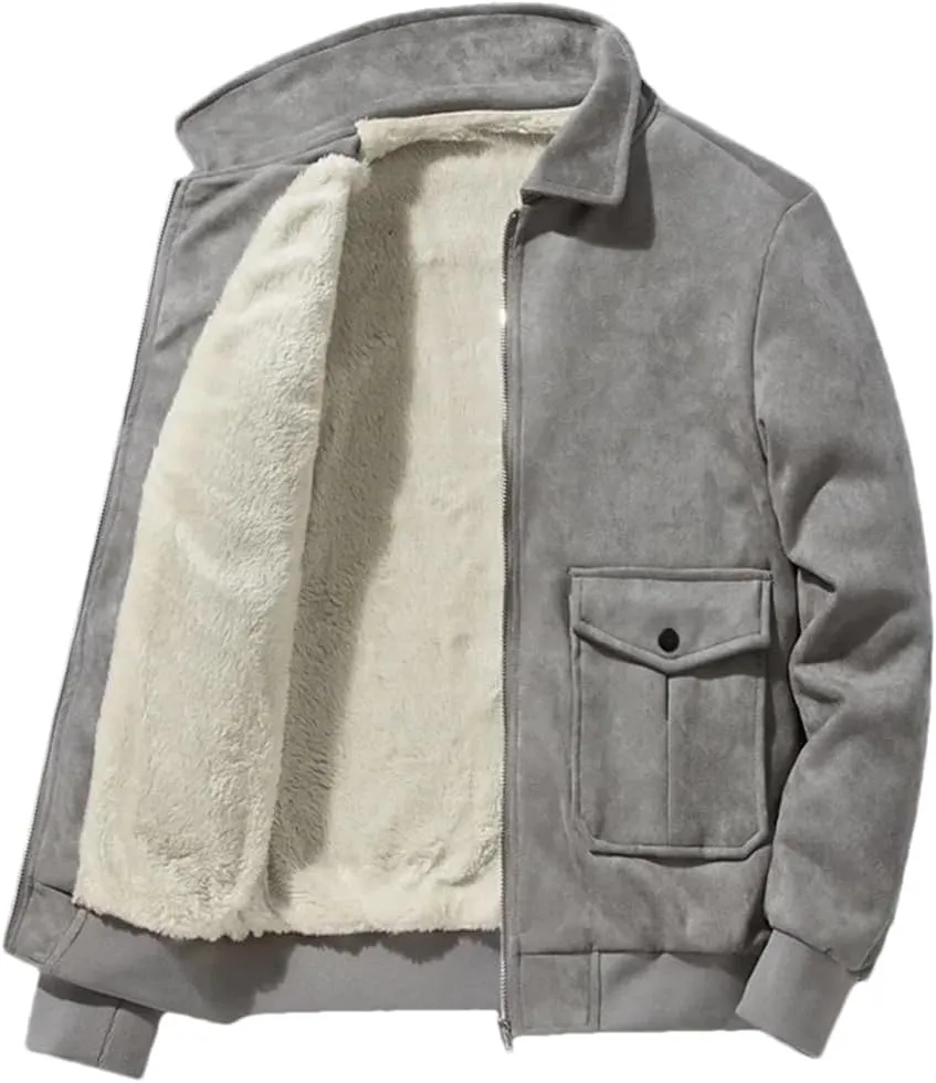 REHJJDFD Thermal Leather Jacket For Men Winter Warm Fleece Lined Coat Suede Outdoor Top Zipper Windbreaker