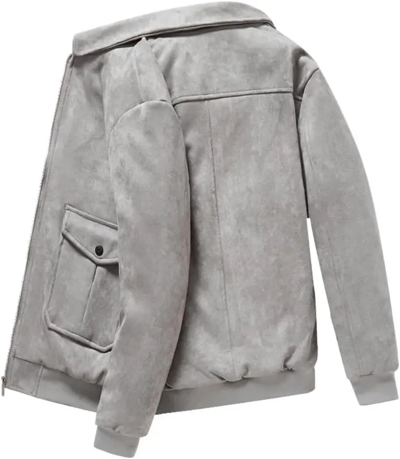 REHJJDFD Thermal Leather Jacket For Men Winter Warm Fleece Lined Coat Suede Outdoor Top Zipper Windbreaker