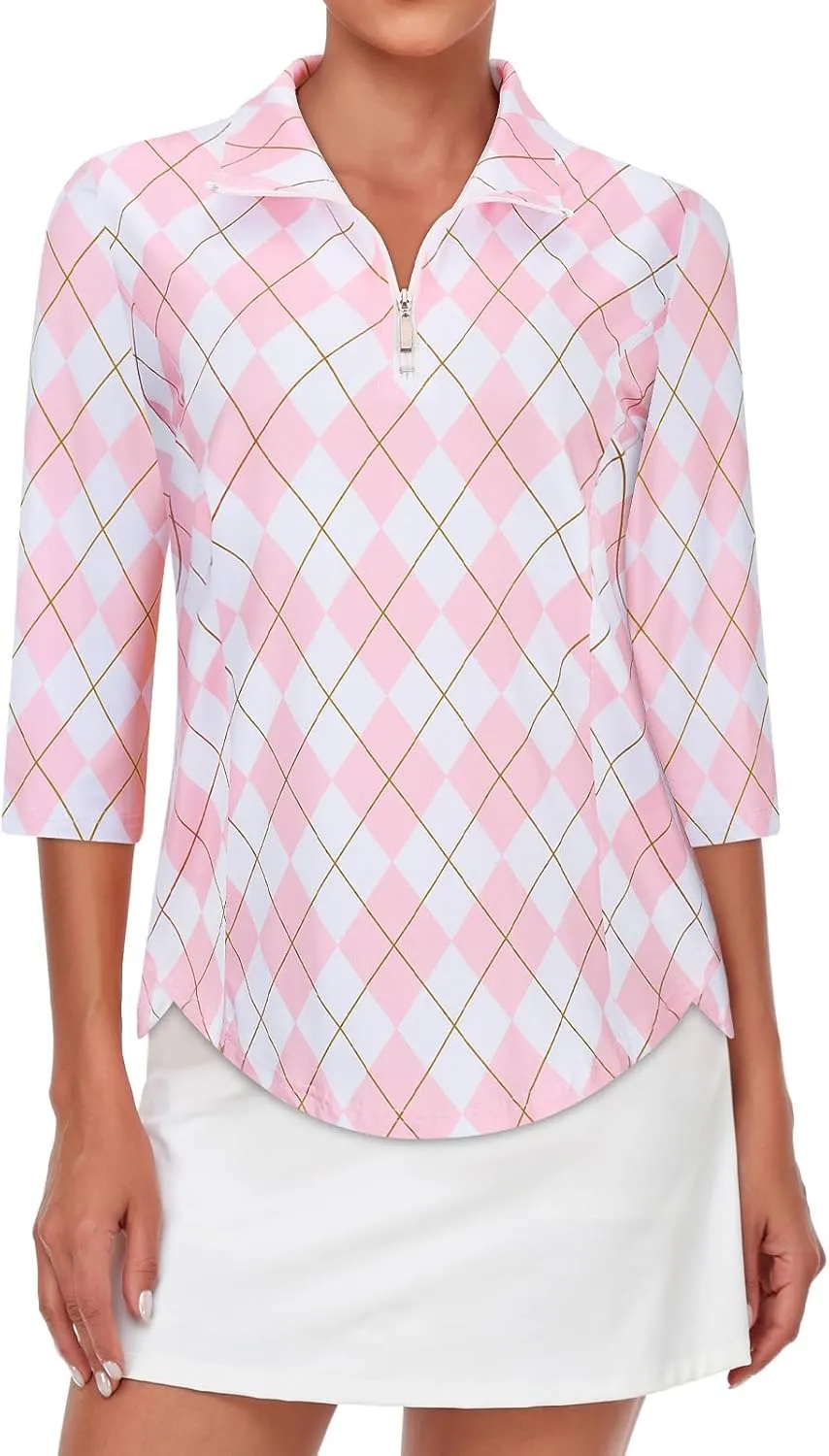 Tanst Sky Womens Golf Polo Shirts Zipper 3/4 Sleeve Moisture Wicking Tops UPF 50  Workout Tennis Apparel