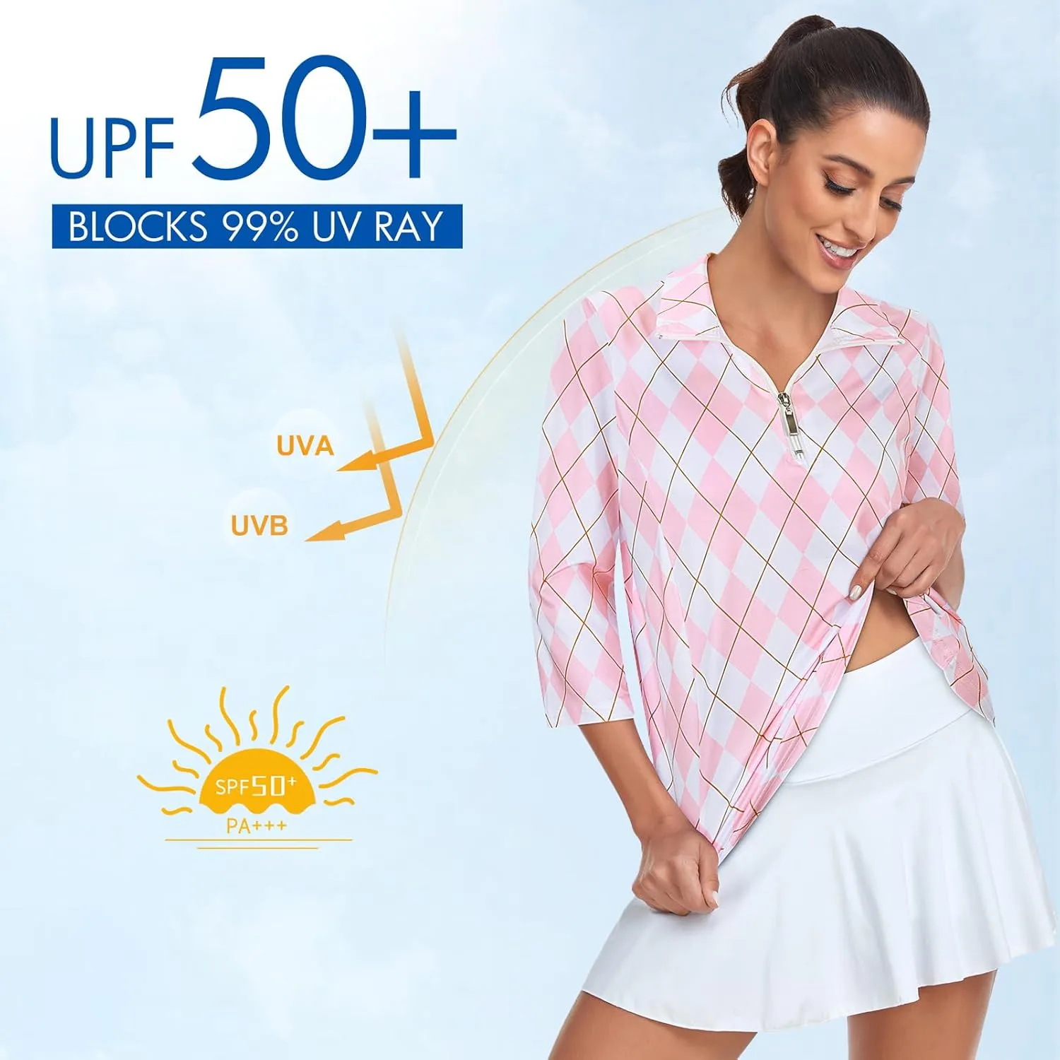 Tanst Sky Womens Golf Polo Shirts Zipper 3/4 Sleeve Moisture Wicking Tops UPF 50  Workout Tennis Apparel