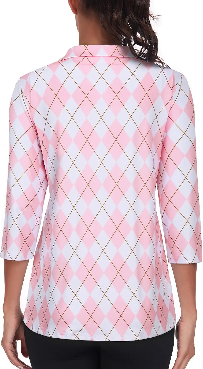 Tanst Sky Womens Golf Polo Shirts Zipper 3/4 Sleeve Moisture Wicking Tops UPF 50  Workout Tennis Apparel