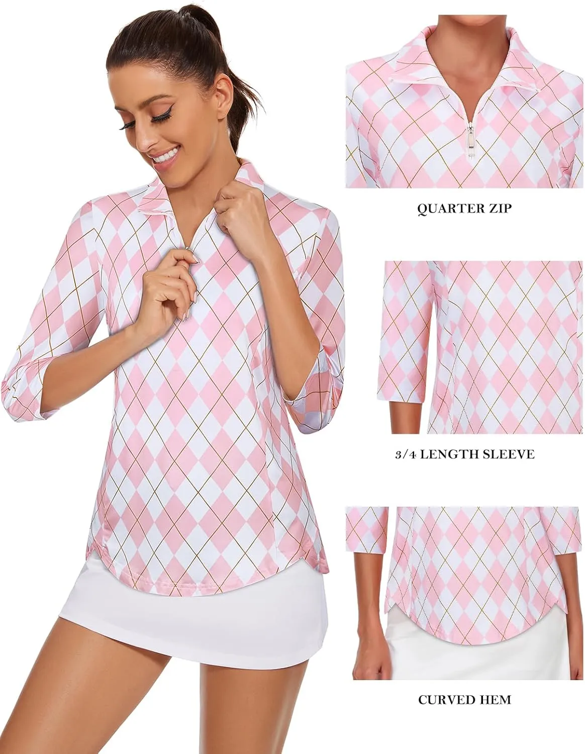 Tanst Sky Womens Golf Polo Shirts Zipper 3/4 Sleeve Moisture Wicking Tops UPF 50  Workout Tennis Apparel
