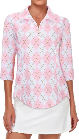 Tanst Sky Womens Golf Polo Shirts Zipper 3/4 Sleeve Moisture Wicking Tops UPF 50  Workout Tennis Apparel